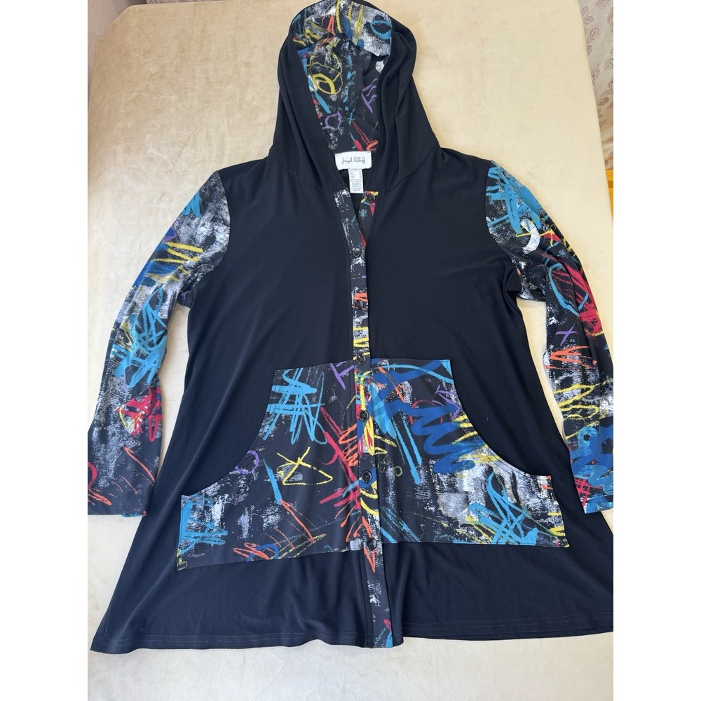 Joseph Ribkoff Sz 16 Black Graffiti Hooded Jacket Buttoned Tunic Pockets Artsy